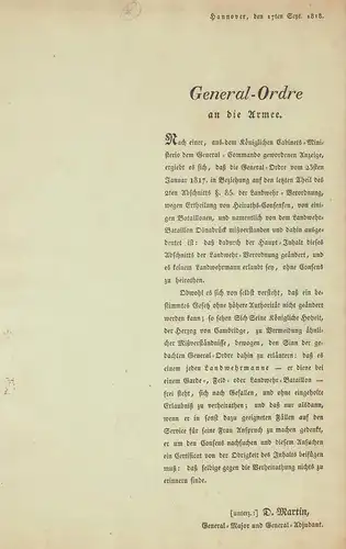 General-Ordre an die Armee. Im Druck unterzeichnet von D. Martin, General-Major u. General-Adjutant, Hannover, den 17ten Sept. 1818. 