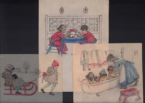 3 handkolorierte Vorzeichnungen auf Pergamentpapier [wohl für ein geplantes Kinderbuch]. 1 Bleistift-, 1 Tuschzeichnung und eine Bleistift-/Tuschzeichnung. (Künstler unbekannt)