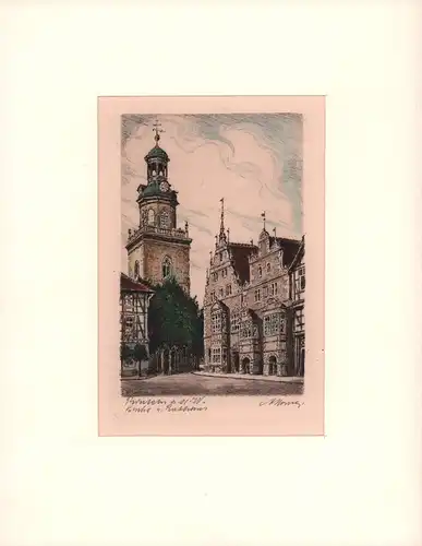 Rinteln a.d.W. Kirche u. Rathaus. Kolorierte Radierung