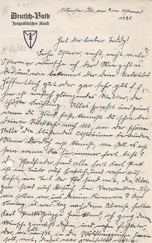 Handgeschriebener Brief mit Briefkopf "Deutsch-Volk, Jungvölkischer Bund", darunter gedrucktes wappenförm. Gruppenzeichen. 
