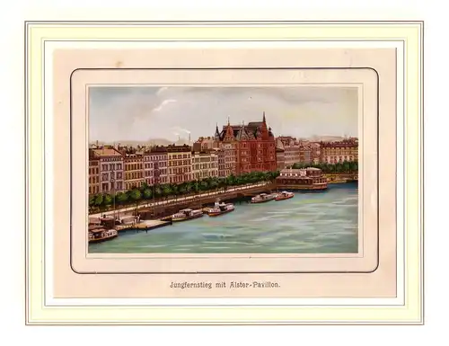 Jungfernstieg mit Alster-Pavillon. Aufgewalzte Chromolithographie