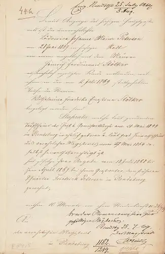 Laut Anzeige des hiesigen Hauptpastorats ist die unverehelichte Ludowica Johanna Maria Petersen am 21. Juni 1869 in hiesiger Stadt von einem angeblich mit dem Maurer...