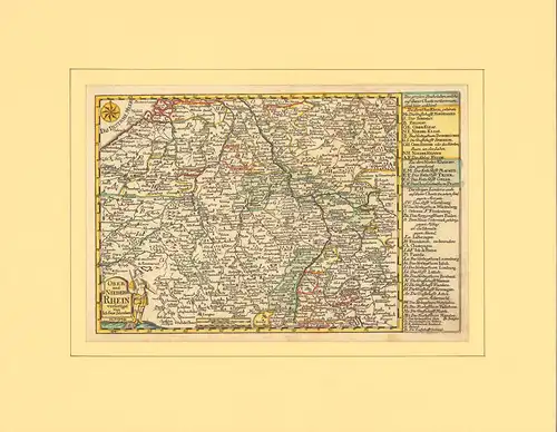 Landkarte vom Ober- und Nieder-Rhein. Verfertiget von Joh: Geor: Schreibern in Leipzig. Mit kleiner figürlicher Kartusche u. Windrose links, deutschem u. französ. Meilenzeiger unten u. ausführlicher Legende rechts neben der Karte