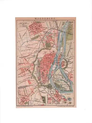 Magdeburg. Stadtplan im Maßstab 1:32.000. Farbiger Holzstich