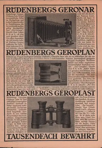 G. Rüdenberg Jun., Versandhaus für Photographie und Optik, Hannover und Wien. Rüdenbergs Geronar, Rüdenbergs Geroplan, Rüdenbergs Geroplast tausendfach bewährt. 