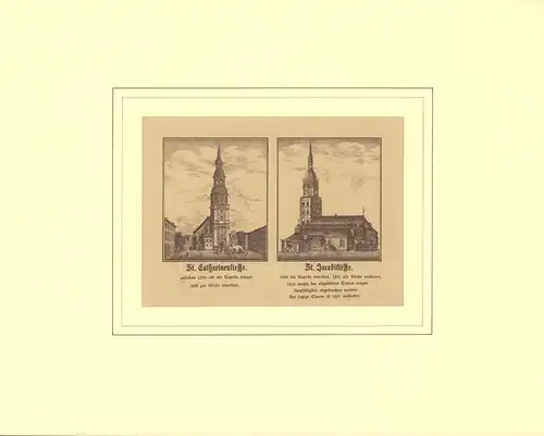 St. Catharinenkirche / St. Jacobikirche. Zinkographie mit zwei Darstellungen
