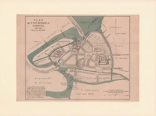 Plan des St. Petri-Kirchspiels in Hamburg 1248-1500. (Ohne den alten Wall.). 