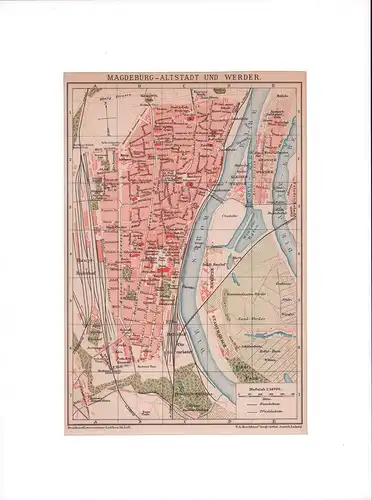 Magdeburg-Altstadt und Werder. Stadtplan im Maßstab 1:14.700. Farblithographie