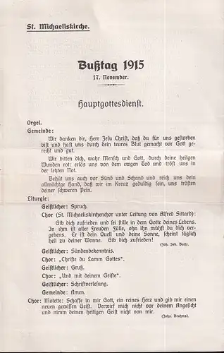 Konvolut von Gottesdienst-Ordnungen der St. Michaeliskirche, Hamburg aus den Jahren 1915-1918 u. 1927. 