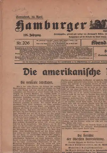 Hamburger Nachrichten. JG. 125, Nr. 206, Sonnabend, 22. April 1916, Abend-Ausgabe. (Hrsg. unter Red. von Hermann Hartmeyer). 