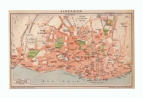 Lissabon. Stadtplan im Maßstab 1: 22.000. Farbige Lithographie