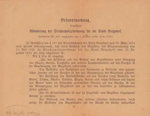 Bekanntmachung, betreffend Abänderung der Straßenpolizeiordnung für die Stadt Bergedorf. 