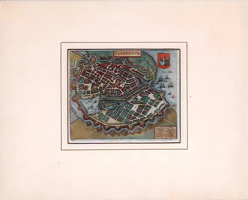 Hamburgum. Plan der Stadt Hamburg nach Matthäus Merian, mit Wappen u. Legende