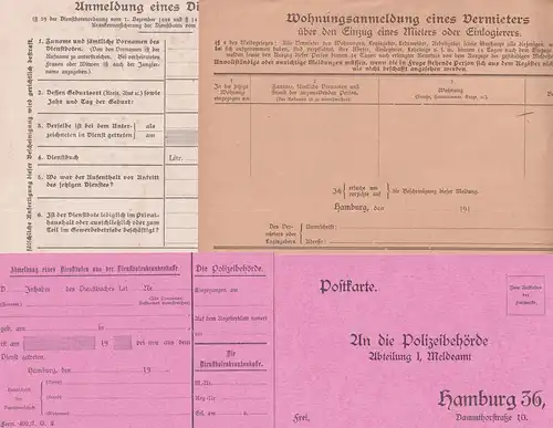 Meldeformulare der Polizeibehörde Hamburg, Abteilung I, Inspektion B (Meldeamt). 