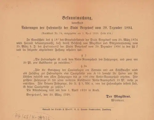 Bekanntmachung, betreffend Änderungen des Hafentarifs der Stadt Bergedorf vom 20. Dezember 1894. Hrsg. vom Magistrat, Bergedorf, 30. März 1920. 