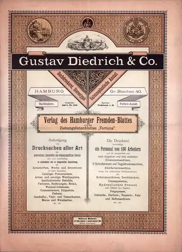 Gustav Diedrich & Co. Buchdruckerei, Stereotypie, Galvanoplastische Anstalt. Verlag des Hamburger Fremden-Blattes und des Ziehungslistenblattes "Fortuna". (Ein Besuch in der Buchdruckerei von Gustav Diedrich & Co.). 