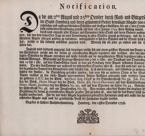 Notification. Da die am 2ten August und 25ten October durch Rath  und Bürgerschluß für die Stadt Hamburg und deren gesammtes Gebiet bewilligte Abgabe... mit.. 