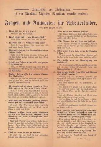 Fragen und Antworten für Arbeiterkinder [Flugblatt]. Von Paul Pflüger, Pfarrer. (Gegenschrift, mit einem Protest hrsg. vom Vorstand des Wirtschaftlichen Schutzverbandes Hamburg). 