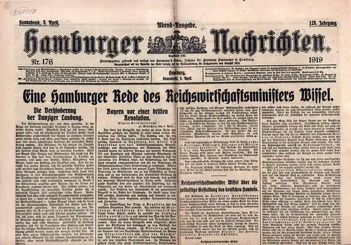 Hamburger Nachrichten. JG. 128, Nr. 176, Sonnabend, 5. April 1919, Abend-Ausgabe. (Hrsg. unter Red. von Hermann Hartmeyer). 