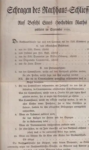 Schragen des Rathhaus-Schliessers. Auf Befehl Eines Hochedlen Raths publicirt im September 1830. 