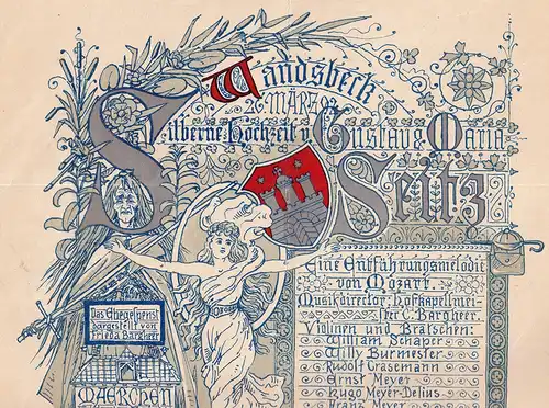 Silberne Hochzeit von Gustav & Maria Seitz, Wandsbeck, 26. März [18]92. Original-Lithographie in Blau mit Rot u. Silber nach Zeichnung u. Schrift von F(ranz) Andreas Meyer. 