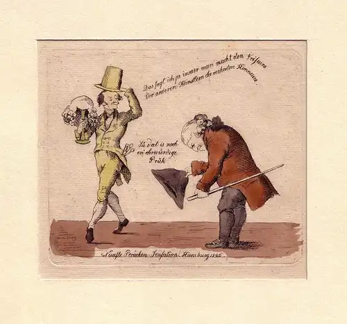 Neueste Perücken-Sensation. Hamburg 1826. Karikaturblatt. Handkolorierte Kupfer-Radierung, vermutlich aus der Werkstatt Christoffer Suhr, um 1826