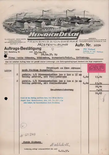 Konvolut von 8 beschreibenen Briefbögen verschiedener Lieferfirmen an die Mühlenbaufirma Fritz Köhncke in Barmstedt. 