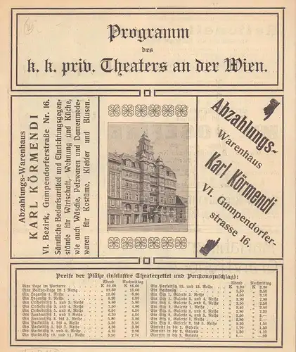 [Programmheft] Programm des k.k. priv. Theaters an der Wien. (Montag den 19. Oktober 1908. "Der Frauenjäger". Operette in drei Akten von Heinrich v. Waldberg u. Hans Liebstöckl, Musik von Alfred Zamara)
