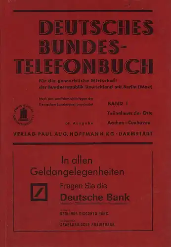 Deutsches Bundes Telefonbuch für die gewerbliche Wirtschaft der Bundesrepublik Deutschland mit Berlin (West). (62.) AUSGABE 1975 / BAND 1 (von 6) apart : AACHEN CUXHAVEN.. 