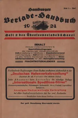 Hamburger Verladehandbuch 1924. [Deckel-Titel]. (Mit Vorwort von Albert Serkes). 
