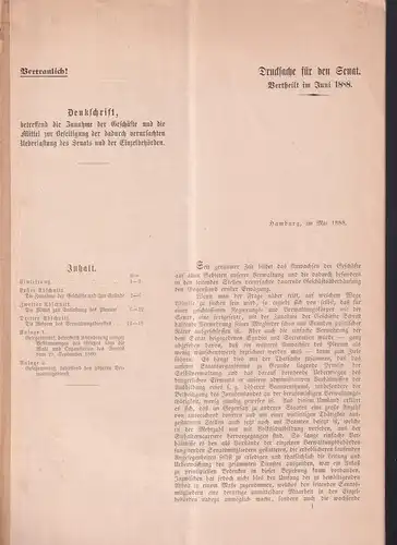 Denkschrift, betreffend die Zunahme der Geschäfte und die Mittel zur Beseitigung der dadurch verursachten Ueberlastung des Senats und der Einzelbehörden. Drucksache für den Senat. 