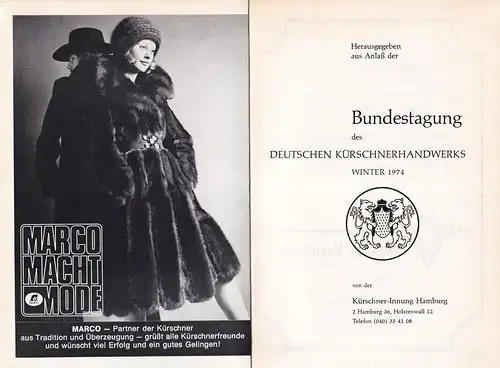 (Hanert, Alfred / Asmus, Joachim) (Red.): Bundestagung des Deutschen Kürschnerhandwerks Winter 1964 [Programmheft]. Hrsg. von der Kürschner-Innung Hamburg. 