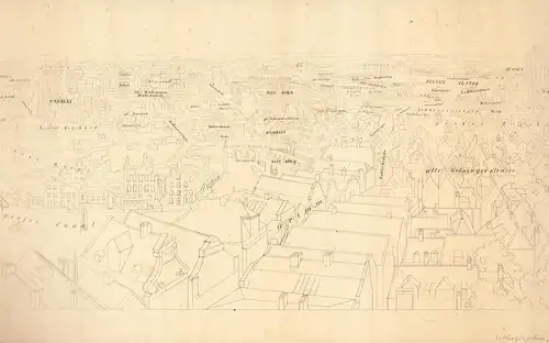 Umrisslithographie mit Namen von Straßen und Gebäuden. Zu der Lithographie "Panorama von Hamburg. Total-Ansicht der Ruinen, nach dem Brande vom 5ten bis 8ten May 1842 aufgenommen vom St. Catharinen Thurme", [Heuer, Wilhelm]