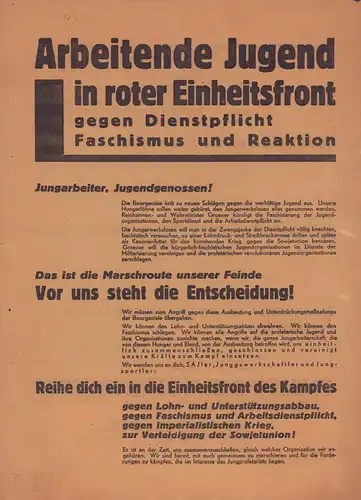 [Mildenberg, Grete]: Arbeitende Jugend in roter Einheitsfront gegen Dienstpflicht, Faschismus und Reaktion. [Flugblatt]. 