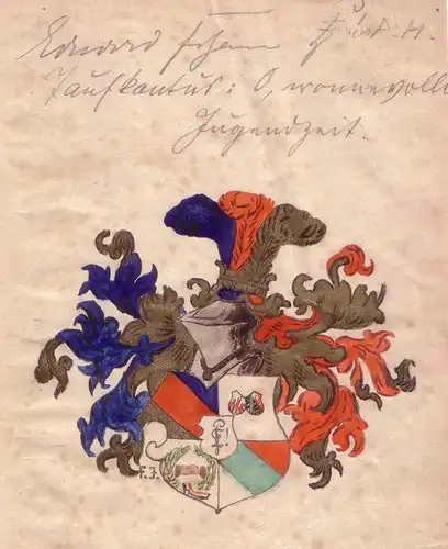 Burschenschaftswappen. Schild mit 4 Feldern, Zirkelschild, Stechhelm, gekröntem Helmzier und -decke. Aquarellierte u. goldgehöhte Tuschzeichnung, [Studentikon]