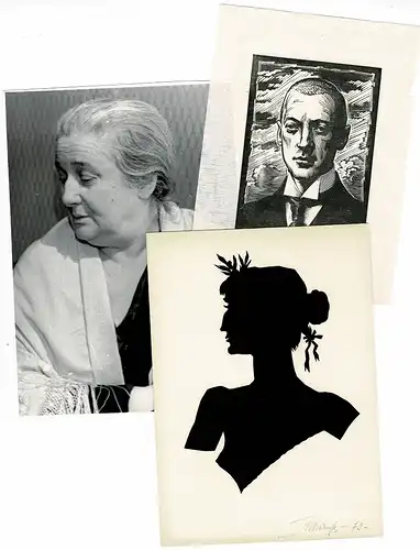Achmatova, Anna Andreevna (eigtl. A. A. Gorenko, 1889-1966), russ. Dichterin.: Zwei Portraits der Dichterin und eins ihres ersten Mannes Nikolai Stepanowitsch Gumiljow. Verschiedene Techniken. 