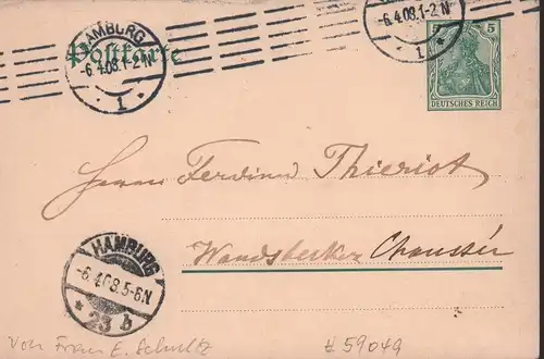 Adressat Thieriot, Ferdinand (Heinrich), Hamburger Komponist u. Cellist (1838-1919): Handgeschriebene Postkarte mit Unterschrift. 14 Zeilen in schwarzbrauner Tinte. 