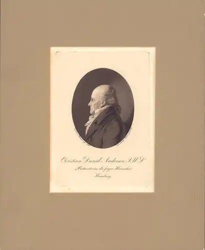 Anderson, Christan Daniel.: PORTRAIT Christian Daniel Anderson J. U. Dr., Pronotorius der freyen Hansestadt Hamburg. Brustbild, Profil nach links. Ovale Aquatinta-Radierung, 1915 von Joh. Joach. Faber nach einer Zeichnung v. Johann Anderson. 