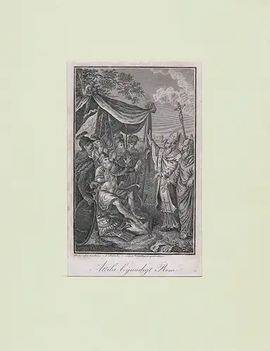 PORTRAIT Attila. (Etzel, gestorben 453, König der Hunnen). Ganzfigur im Dreiviertelprofil. Kupferstich a. d. Werkstatt C. Schuler, Attila