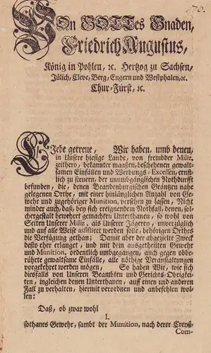 August II., König von Polen: Verordnung betreffend Bewaffnung der Einwohner gegen Fremdrekrutierung. 