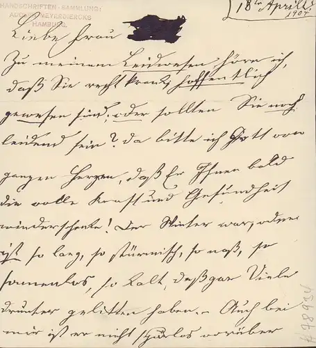 Averdieck, Elise (1808 1907), dt. Schriftstellerin, Schulleiterin u. Diakonisse: Eigenh. Brief mit U. in schwarzer Tinte. (Hamburg,) 18. April, 1904. Dabei: Zeitungsartikel [vom 4. November.. 