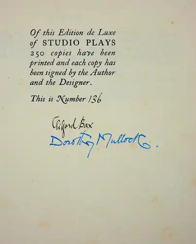 Bax, Clifford: Studio plays. Three experiments in dramatic form. With designs for costumes and one scene by Dorothy Mullock. 