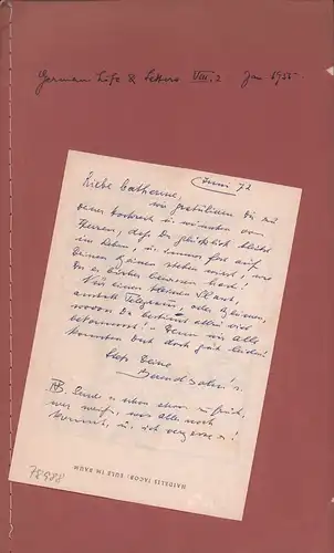 Berendsohn, Walter Arthur, Literaturwissenschaftler u. Exilforscher (1884-1984): Eigenh. Glückwunsch mit U. auf d. Rückseite eines Kalenderblattes. O. O. [Schweden], Juni 1972. Kl.-8vo. 1 Seite. 