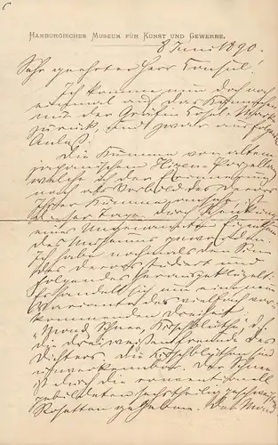 Brinckmann, Justus: Eigenhänd. Brief mit U. (Hamburg,) 8. Juni 1890. 