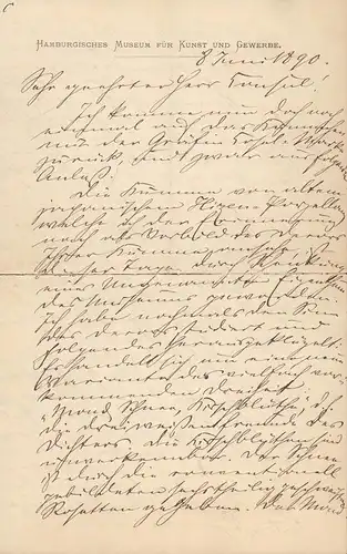 Brinckmann, Justus: Eigenhänd. Brief mit Unterschrift. Datiert 8. Juni 1890. 