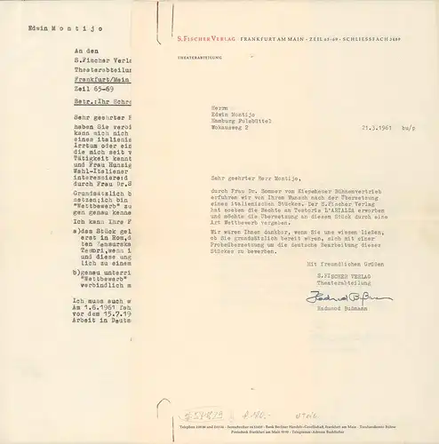 Bußmann, Hadumod, dt. Sprachwissenschaftlerin (geb. 1933): 2 masch. Briefe mit U., auf dem Papier des S. Fischer Verlags, Theaterabteilung. Mit den Durchschlägen der Antworten des Adressaten, 1 mit Paraphe. 