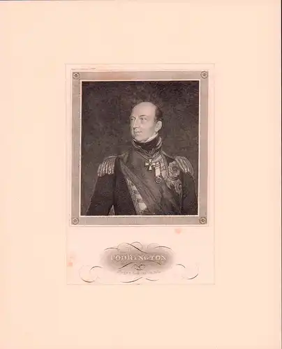 PORTRAIT Codrington. (1770-1851 London, Admiral). Brustbild im Halbprofil. Stahlstich, mit gestoch. Bildumrahmung u. gestoch. Bildunterschrift, Codrington, Edward