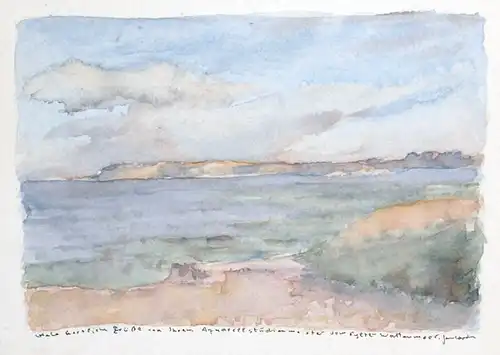 Blick vom Strand über eine Bucht zur gegenüberliegenden Steilkante. Aquarell mit hs. Grußzeile in schwarzer Tusche, Cords, Jens (1932-2024)
