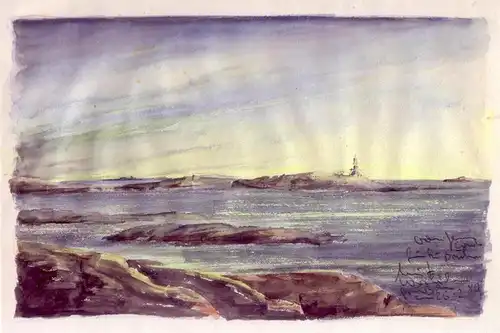 Schärenlandschaft mit Segelschiff im Hintergrund. Aquarell, mit hs. Widmung und Datierung in Bleistift, Cords, Jens (1932-2024)