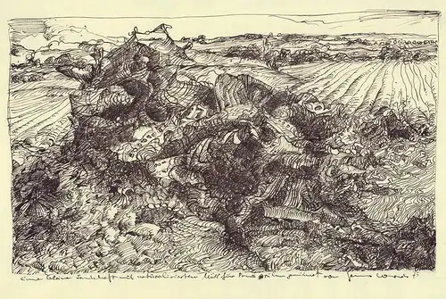 Eine kleine Landschaft mit naturalisiertem Müll ... Zeichnung in schwarzer Tinte, hs. bezeichnet u. datiert, Cords, Jens (1932-2024)